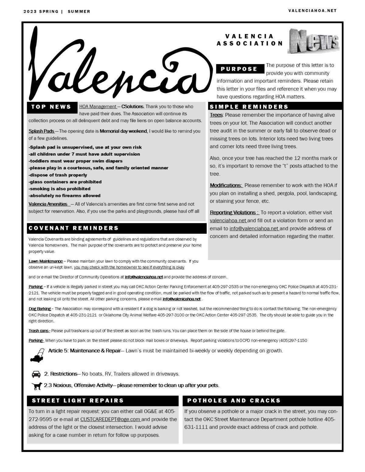 Our Neighborhood News Valencia HOA in Edmond, Oklahoma